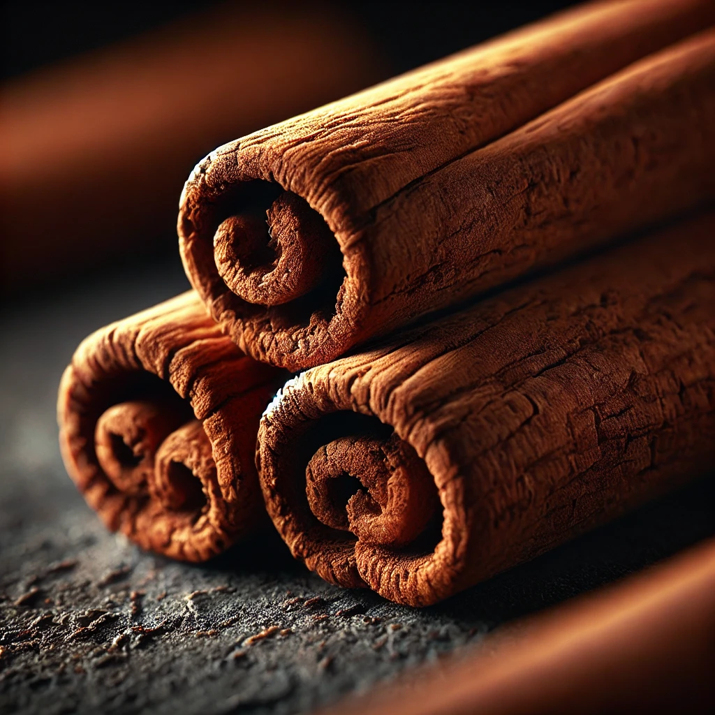 Rolled cinnamon sticks (quills) on a dark stone surface