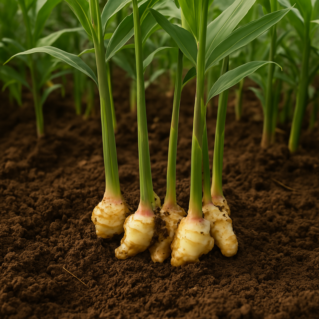 Close-up of ginger plant growing in rich soil in India.
