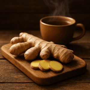 Harvested and dried ginger in a rustic setting