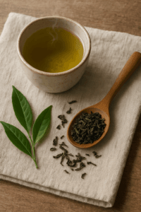 A calming flat lay of a steaming cup of green tea in a ceramic cup, surrounded by fresh green tea leaves and a wooden spoon with loose-leaf tea on a rustic wooden surface.